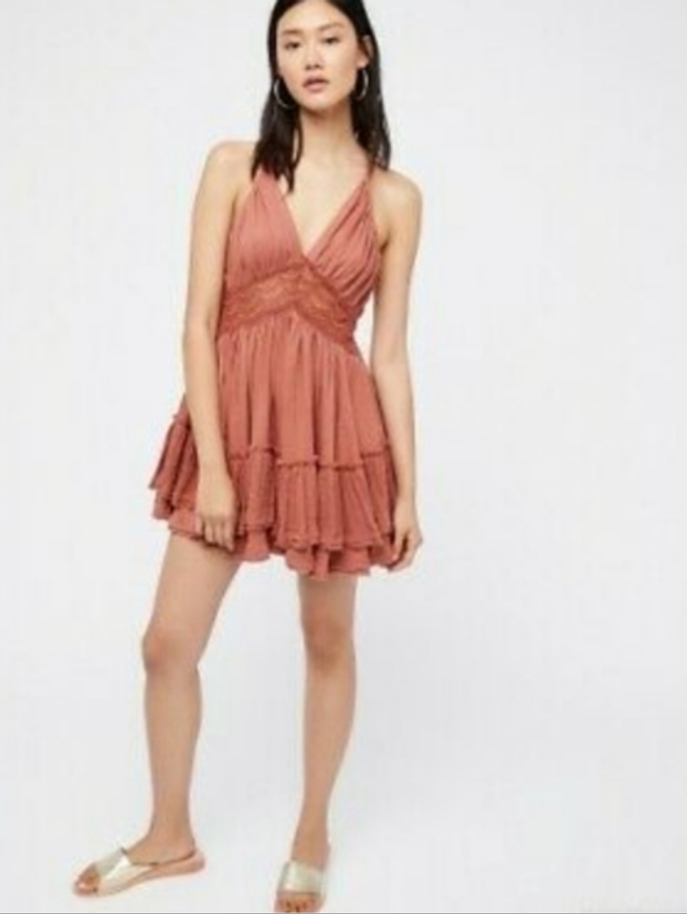 Free People 200 Degree Mini Open Back Dress Rose/Pink Boho Size Large Tassels